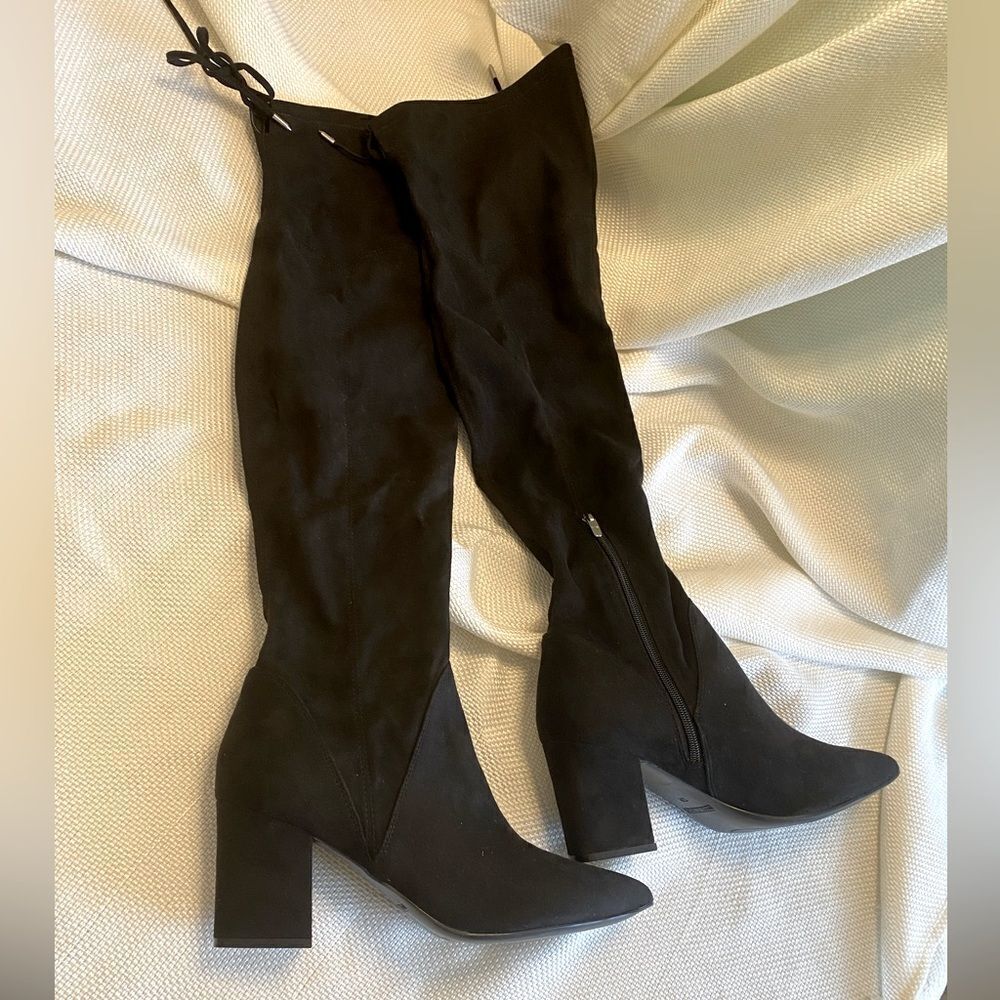 NWOT Marc fisher black faux suede block heel over the knee fabric boots size 12